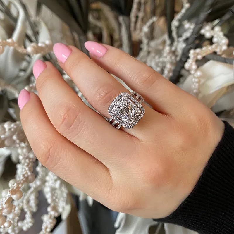 Sdouefos Store 18K White Gold Plated Cubic Zirconia Promise Engagement Promise Eternity Ring for Women 925 Sterling Silver Shiny Diamond Ring Cubic Zirconia Cocktail Rings CZ Eternity Ring for Women Size 7 - Image 3